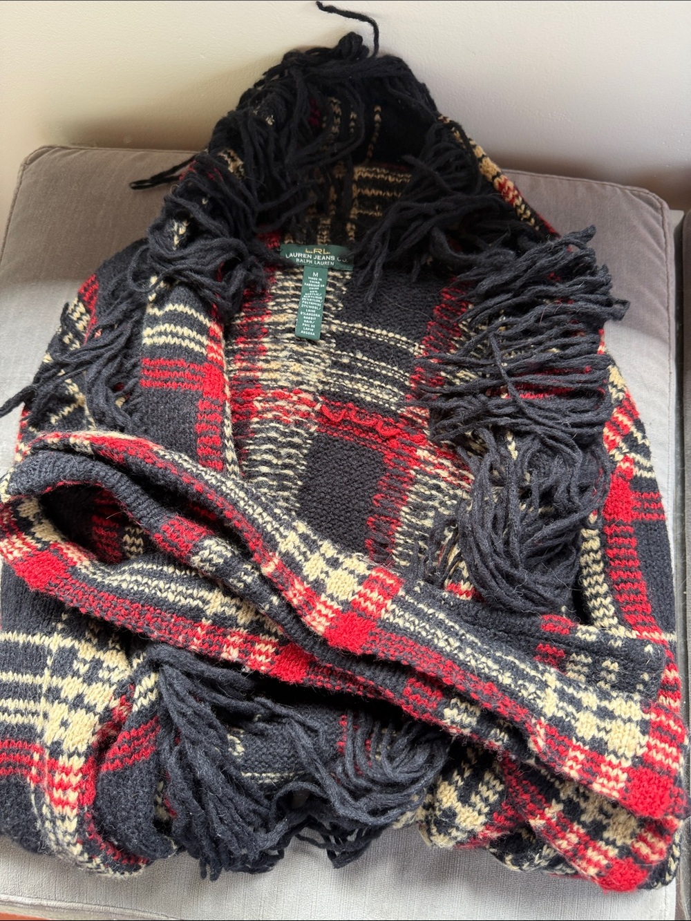 Ralph Lauren Black, Red & Cream Plaid Fringe Sweater
